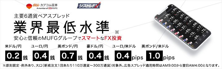 主要6通貨ペアスプレッド 業界最低水準※ 安心と信頼のMUFGグループでスマートなFX投資 ※原則固定・例外あり、大口（新規注文1回あたり110万通貨～300万通貨）対象外。広告スプレッド適用時間はAM9:00から翌日AM4:00となります。