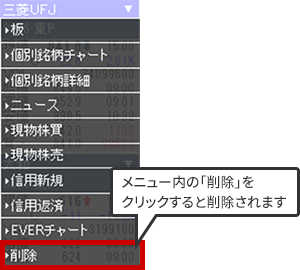 メニュー内の「削除」をクリックすると削除されます。